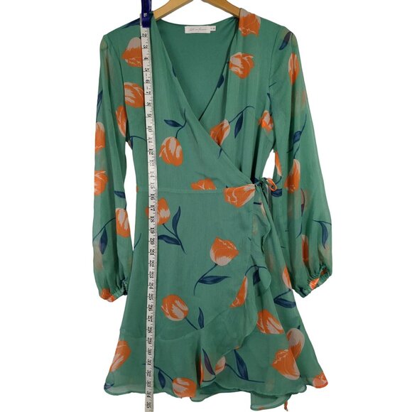 All In Favor Wrap Mini Dress Womens S Green Floral Long Sleeve Feminine Flirty - Picture 10 of 14